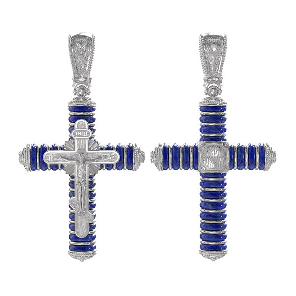 Крест из белого золота 585 пробы c лазуритом