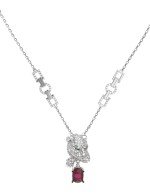 Колье из белого золота c бриллиантами, рубином и изумрудом