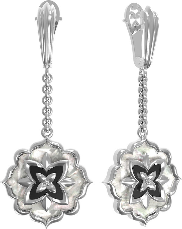 Серьги из белого золота 585 пробы c ониксом и перламутром