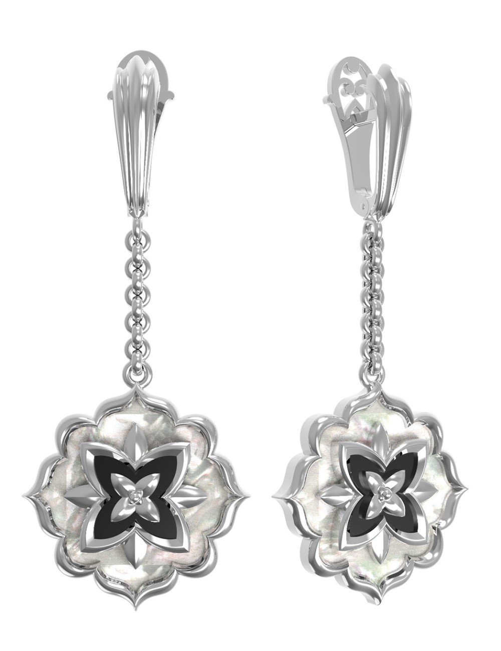 Серьги из белого золота c ониксом и перламутром