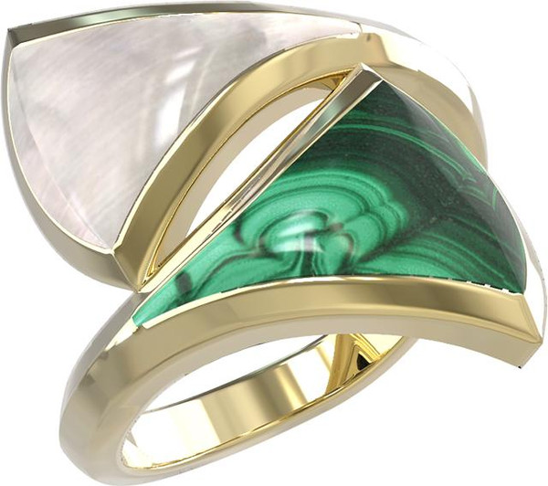 Кольцо из лимонного золота 585 пробы c малахитом и перламутром