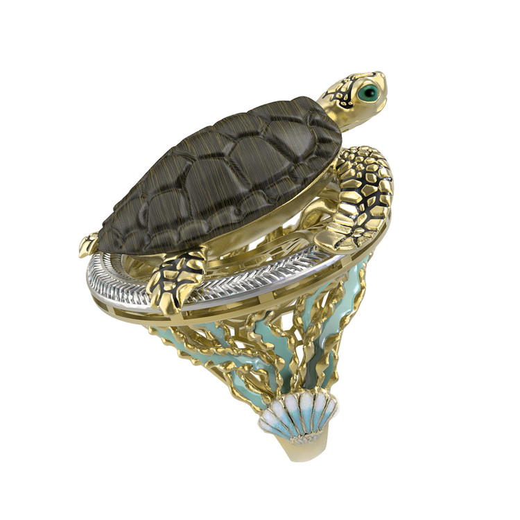 Кольцо из лимонного золота 585 пробы c эмалью и железным деревом