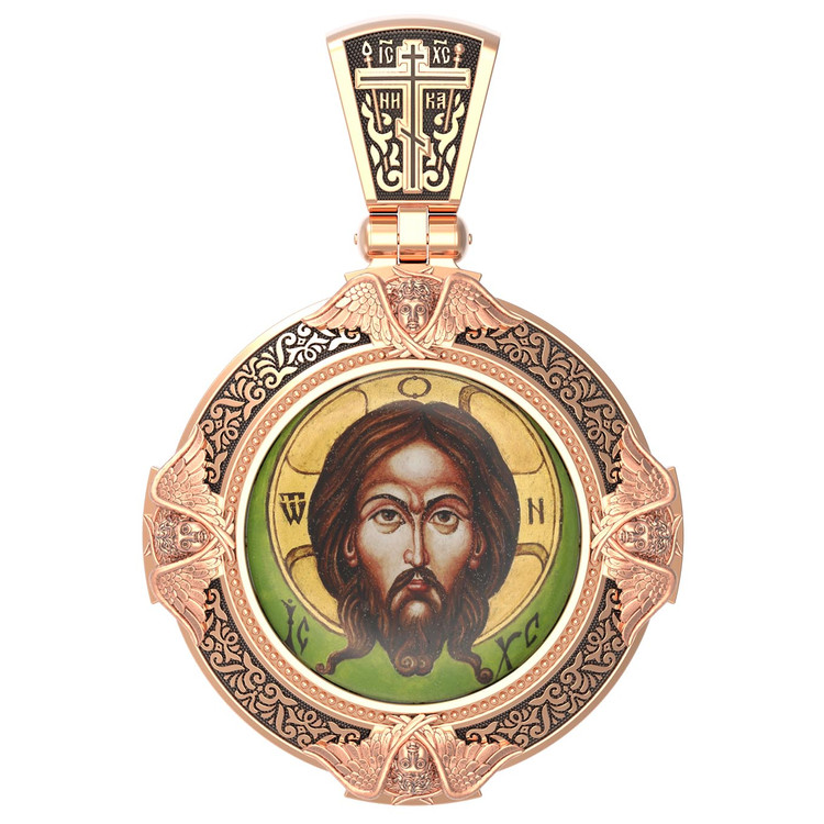 Нательная икона из красного золота 585 пробы c эмалью, иконописью и темперой