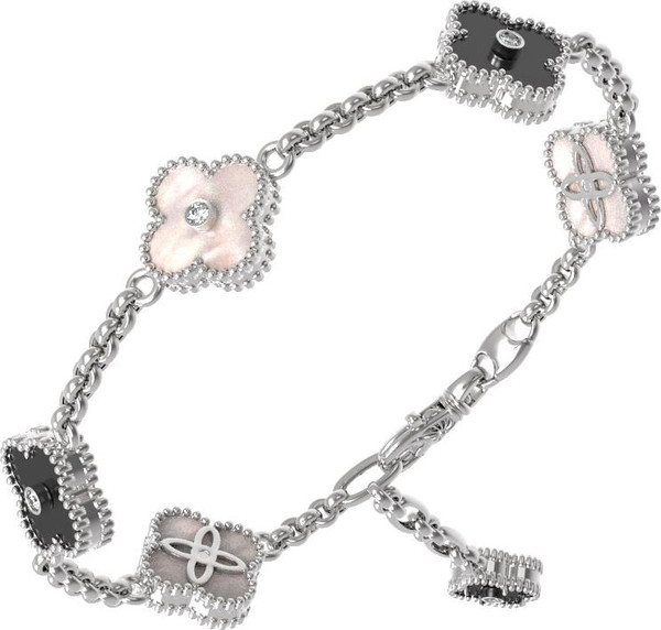 Браслет из белого золота 585 пробы c бриллиантами, ониксом и перламутром