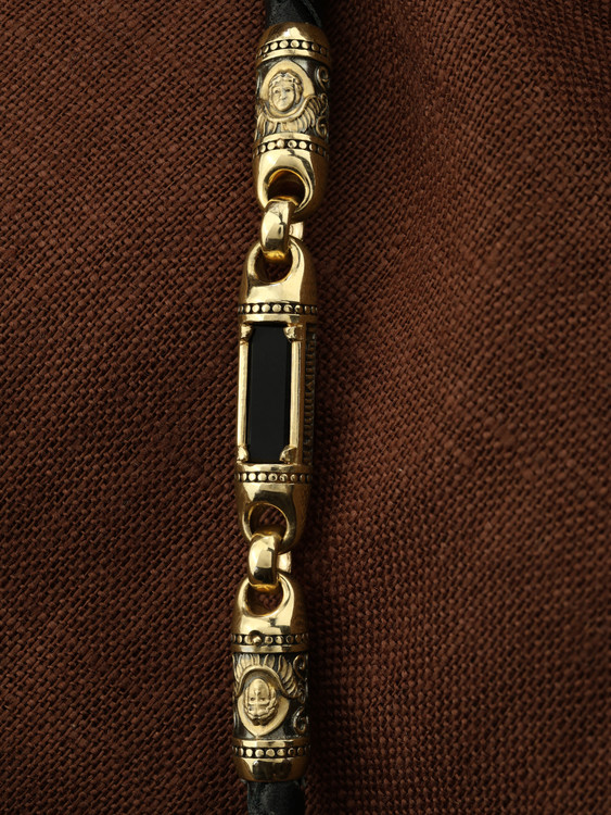 Цепь-шнурок кожа из лимонного золота 585 пробы c кожаным шнурком и ониксом