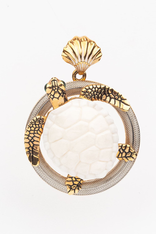 Подвеска из красного золота 585 пробы c эмалью и бивнем мамонта