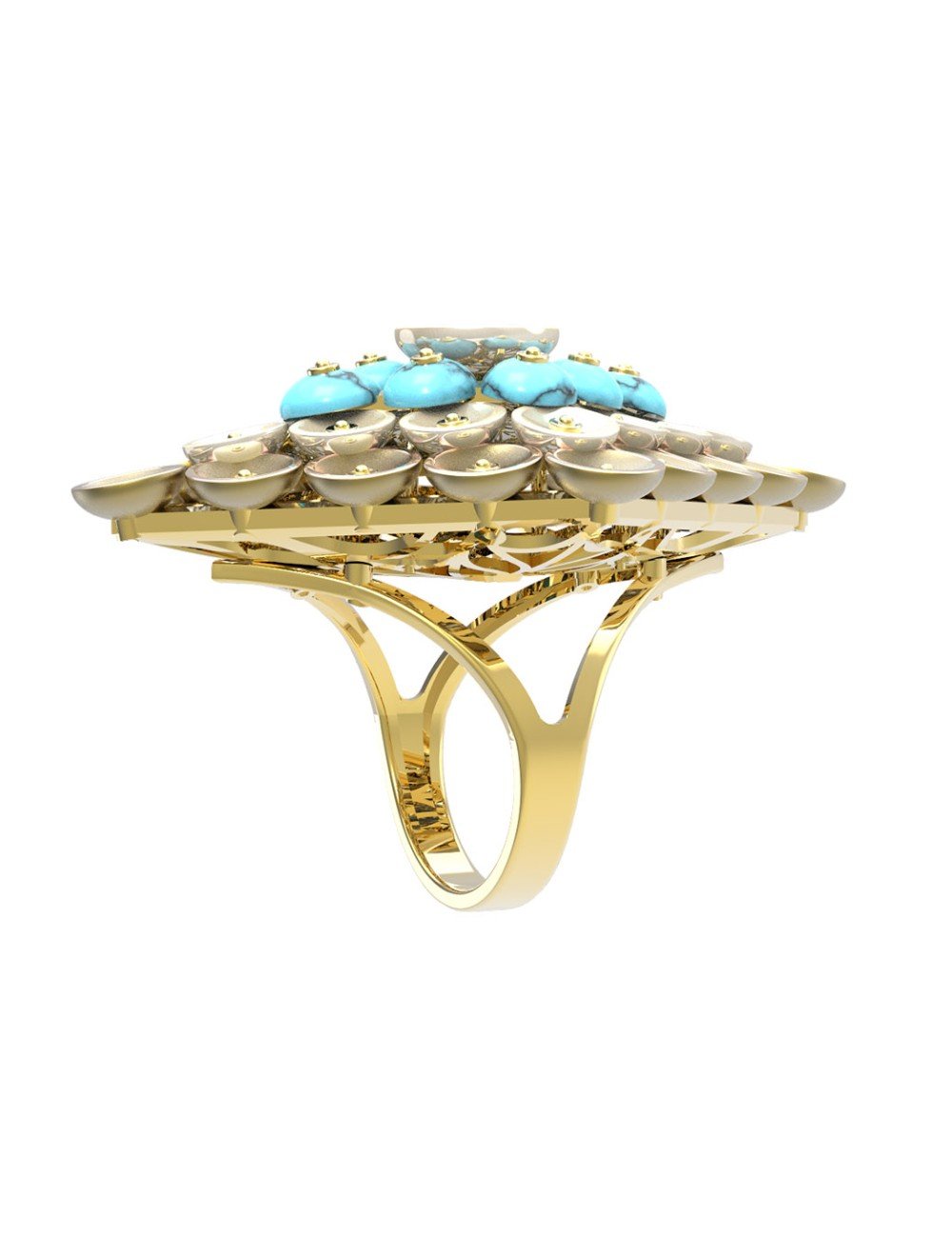 Кольцо из лимонного золота c бирюзой и перламутром