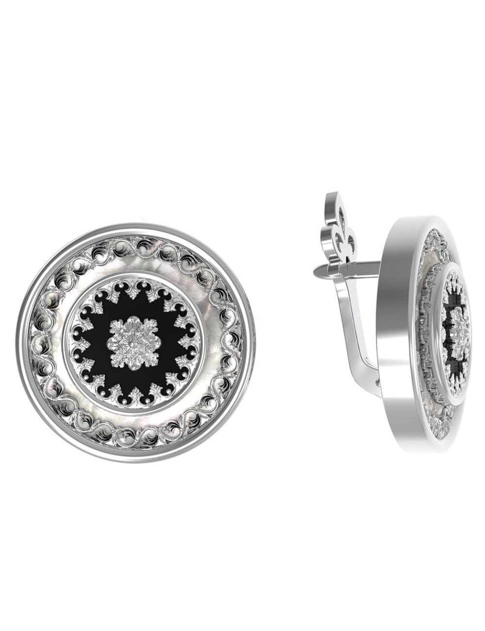 Серьги из белого золота c ониксом и перламутром