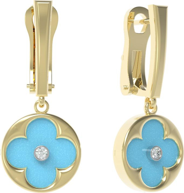 Серьги из лимонного золота 585 пробы c бриллиантами и бирюзой