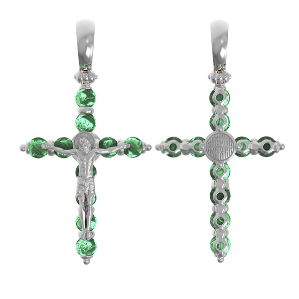 Крест из белого золота 585 пробы c малахитом