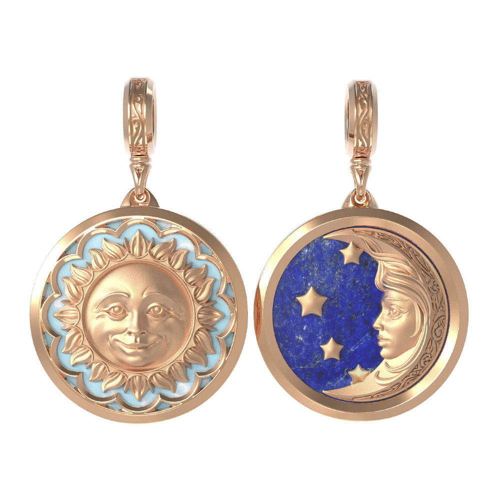 Подвеска из красного золота 585 пробы c бирюзой и лазуритом