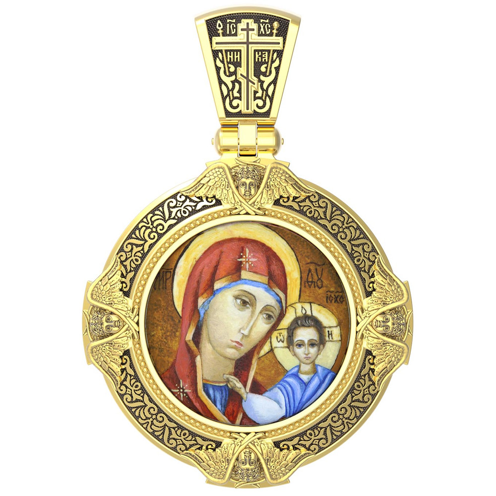 Нательная икона из лимонного золота 585 пробы c эмалью, иконописью и темперой