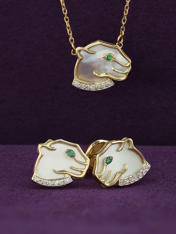 Колье из лимонного золота 585 пробы c бриллиантами, изумрудом и перламутром