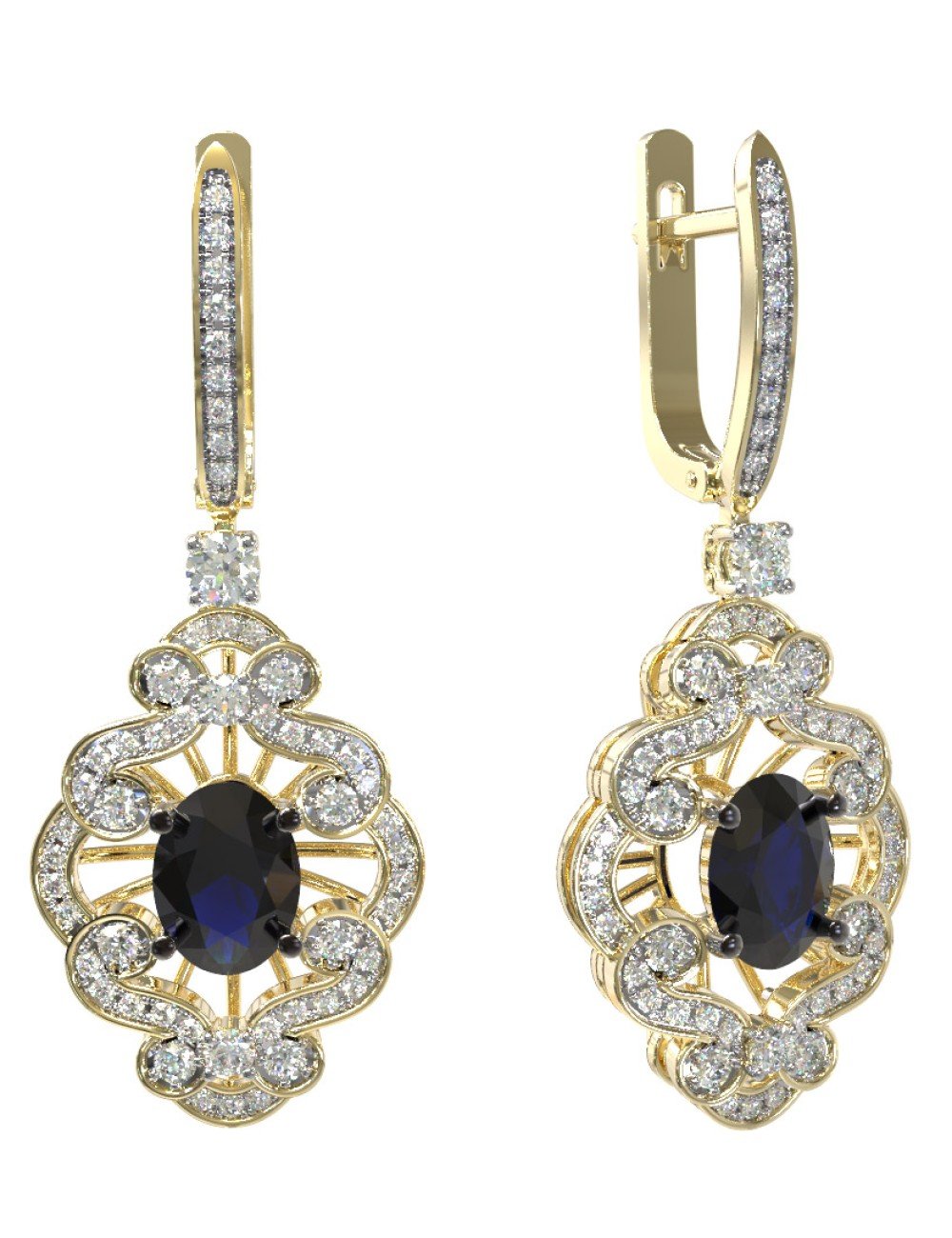 Серьги из лимонного золота c бриллиантами и сапфиром