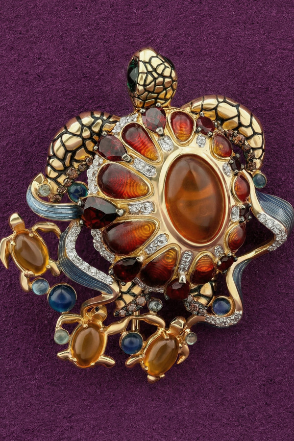 Брошь из лимонного золота 585 пробы c эмалью, фианитом, гранатом и янтарём