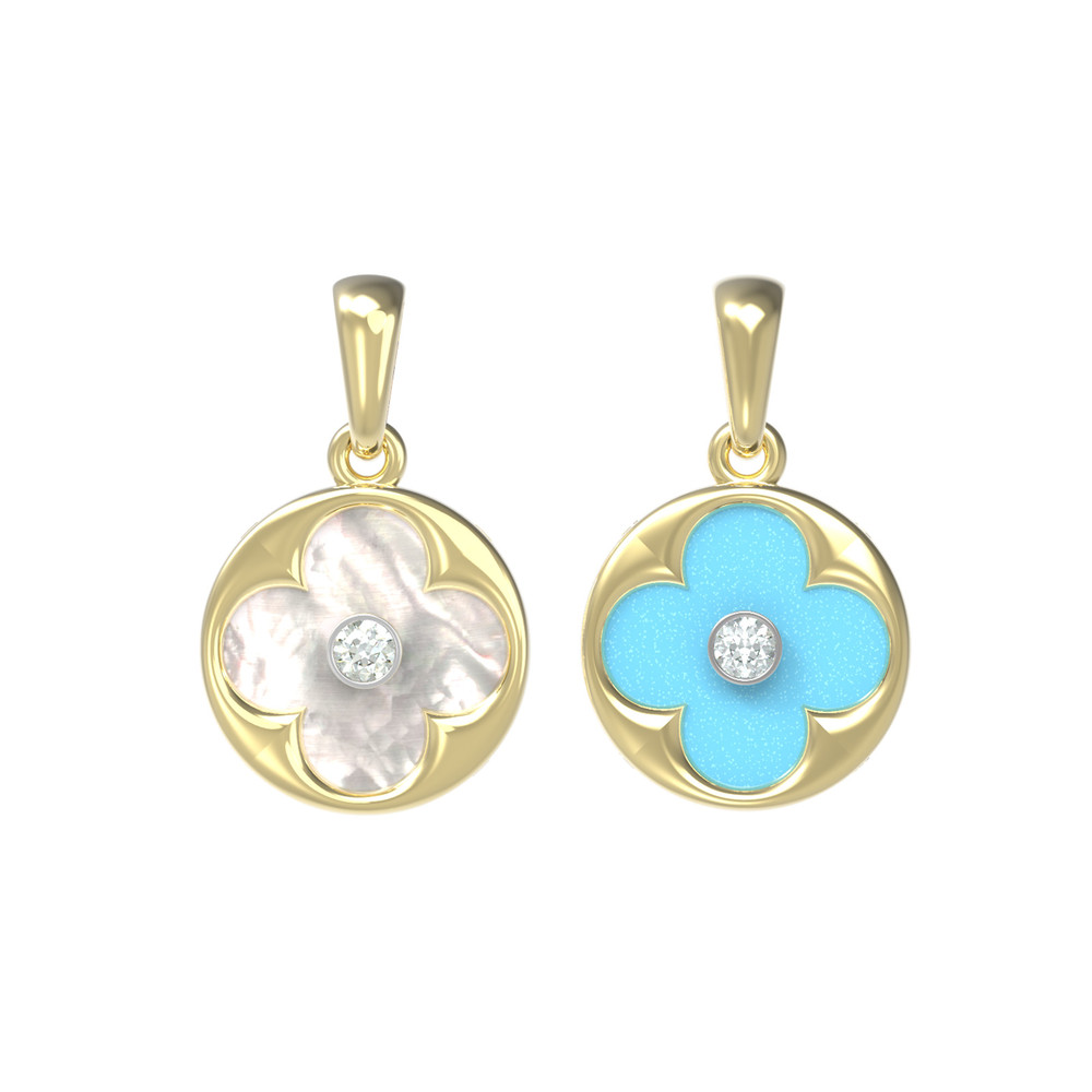 Подвеска из лимонного золота 585 пробы c бриллиантами, бирюзой и перламутром