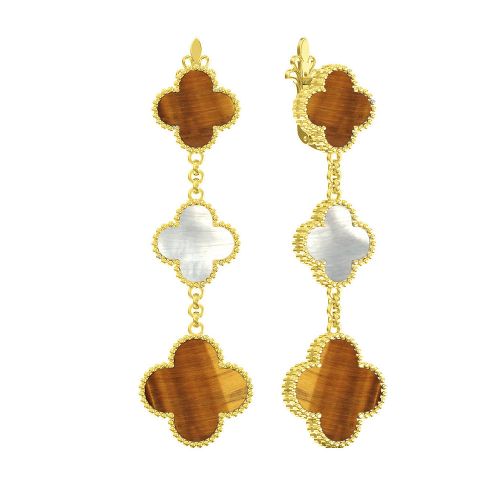 Серьги из лимонного золота 585 пробы c тигровым глазом и перламутром