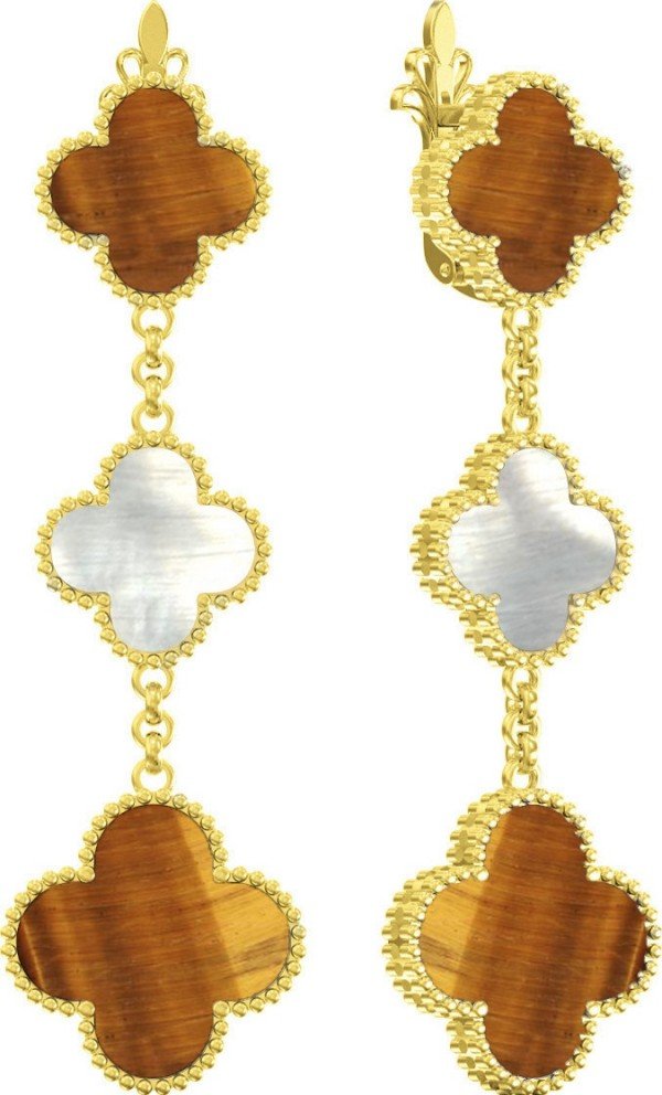 Серьги из лимонного золота c тигровым глазом и перламутром