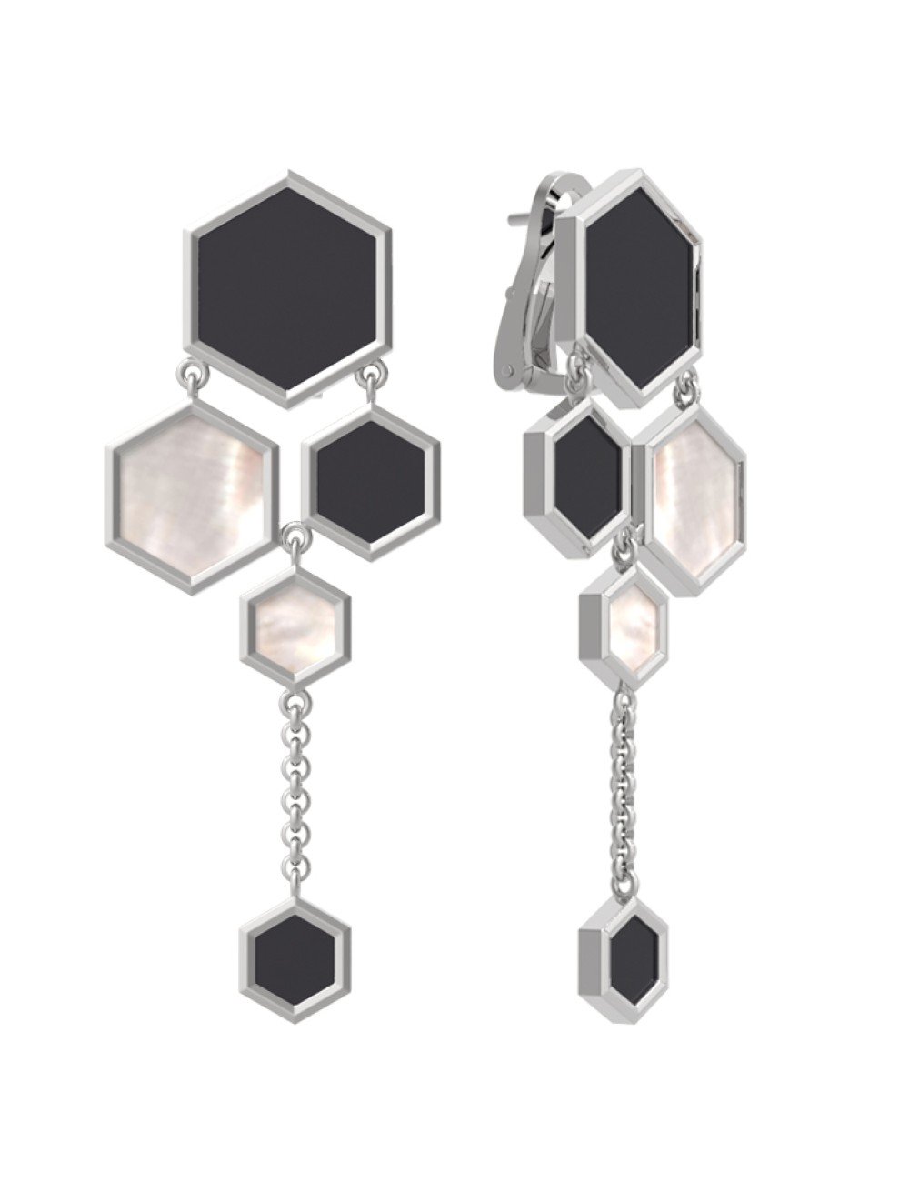 Серьги из белого золота c ониксом и перламутром