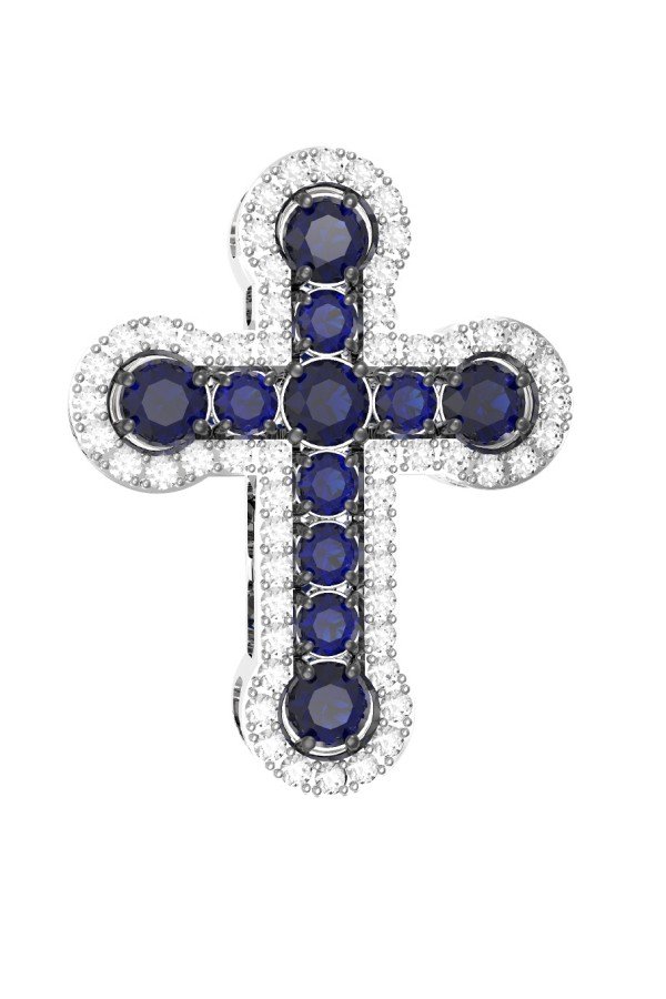 Крест из белого золота c бриллиантами и сапфиром