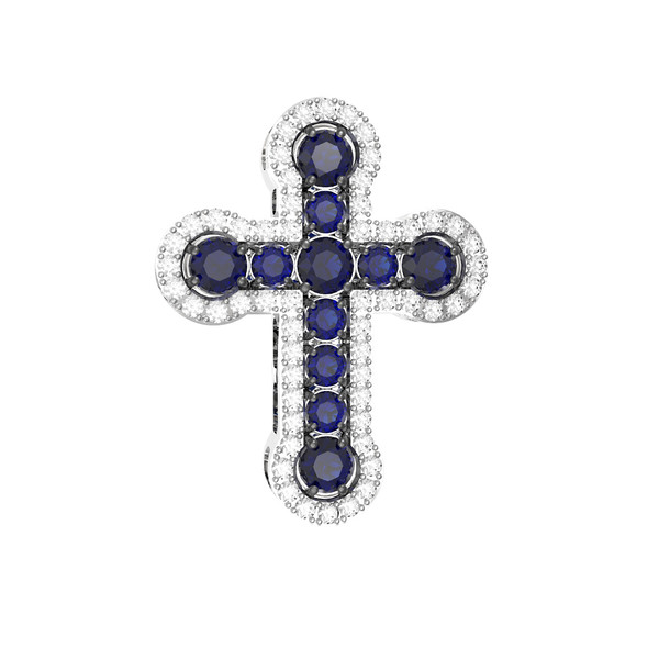 Крест из белого золота 585 пробы c бриллиантами и сапфиром