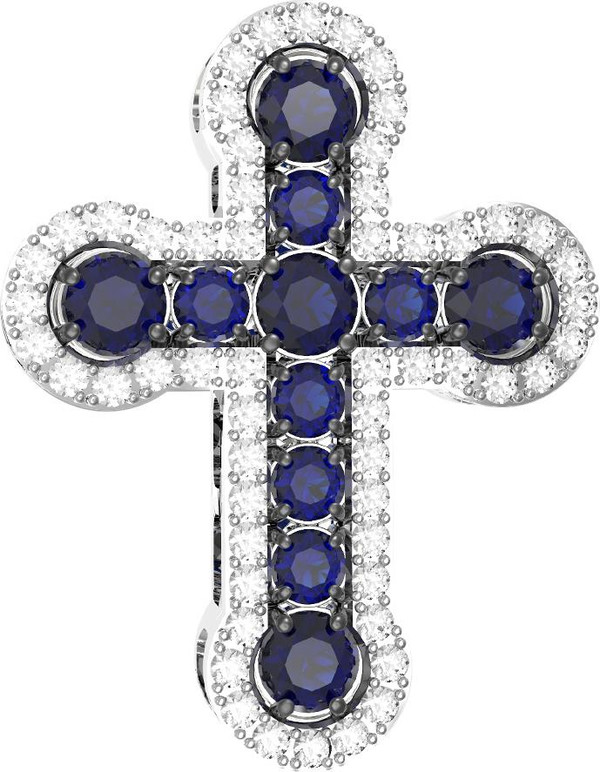 Крест из белого золота 585 пробы c бриллиантами и сапфиром