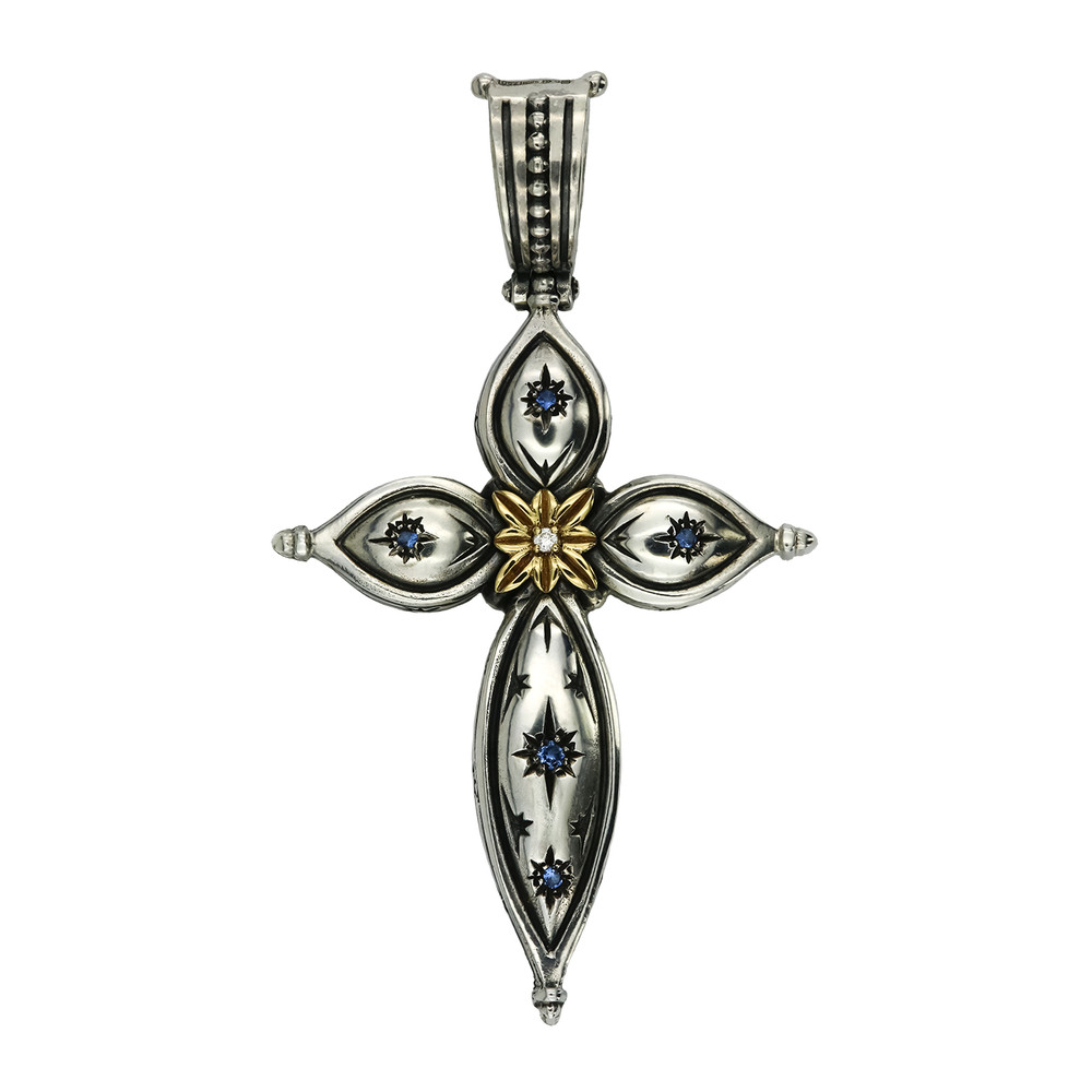 Крест из серебра 925 пробы и золота 750 пробы c фианитом, бриллиантами и рубином