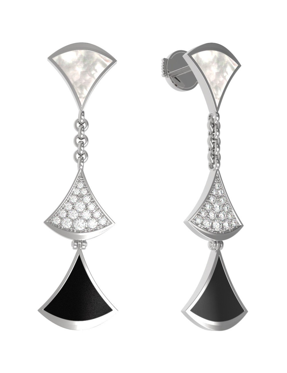 Серьги из белого золота c бриллиантами, ониксом и перламутром