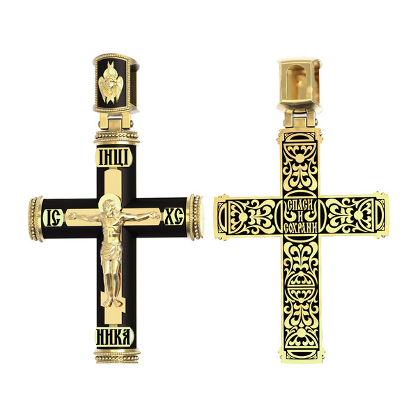 Крест из лимонного золота 585 пробы c эмалью и эбеновым деревом