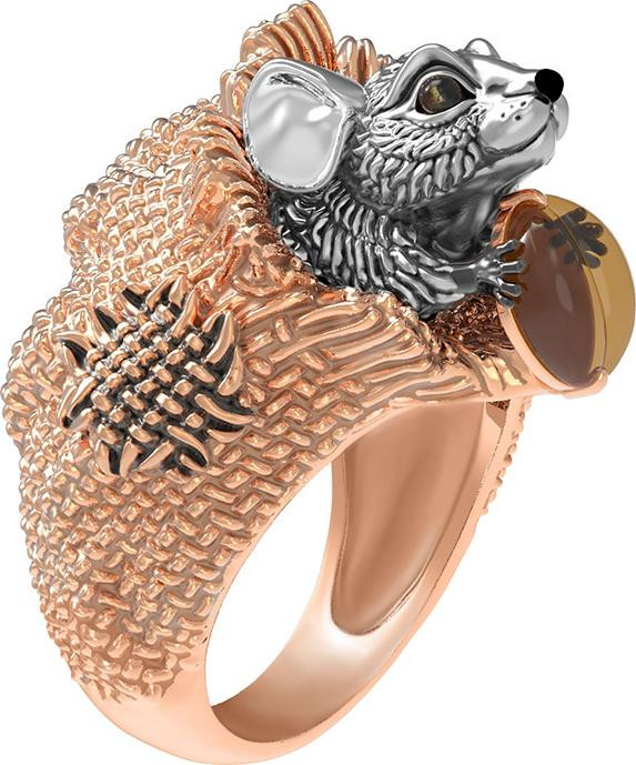 Кольцо из красного золота 585 пробы c эмалью и янтарём