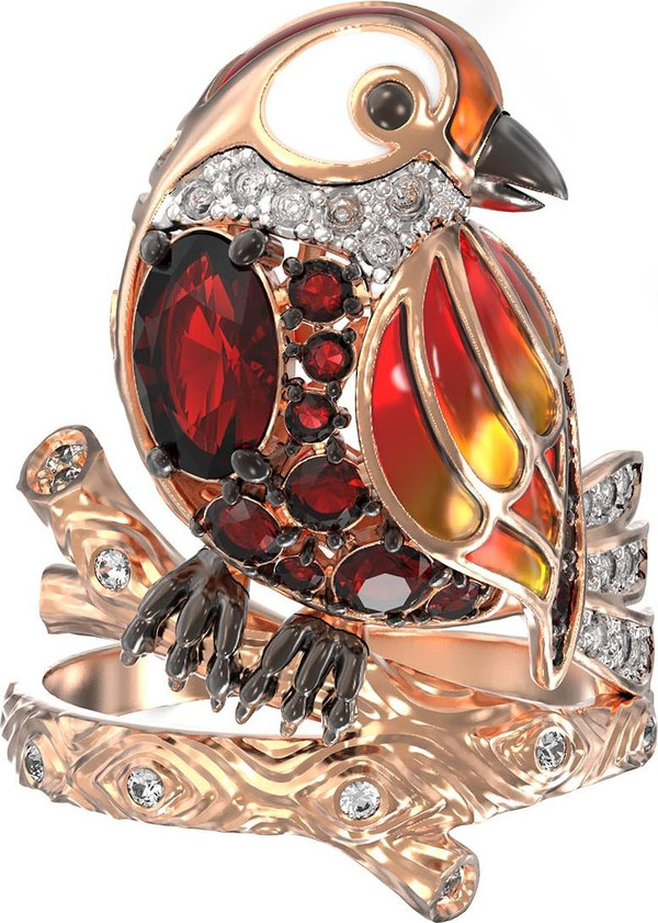 Кольцо из красного золота 585 пробы c эмалью, фианитом и гранатом