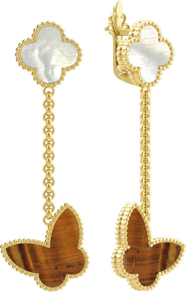 Серьги из лимонного золота 585 пробы c тигровым глазом и перламутром