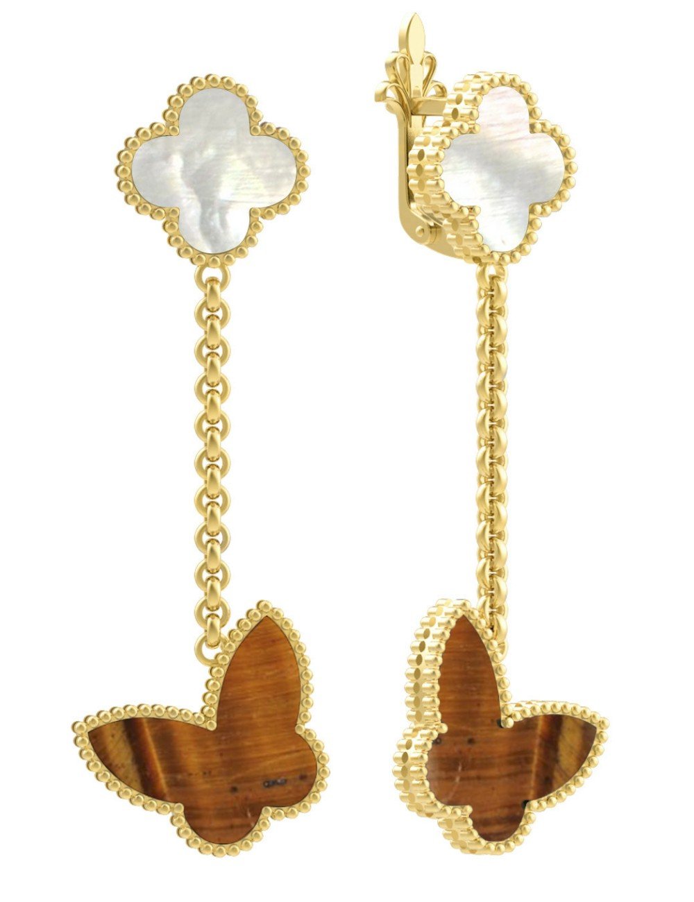 Серьги из лимонного золота c тигровым глазом и перламутром