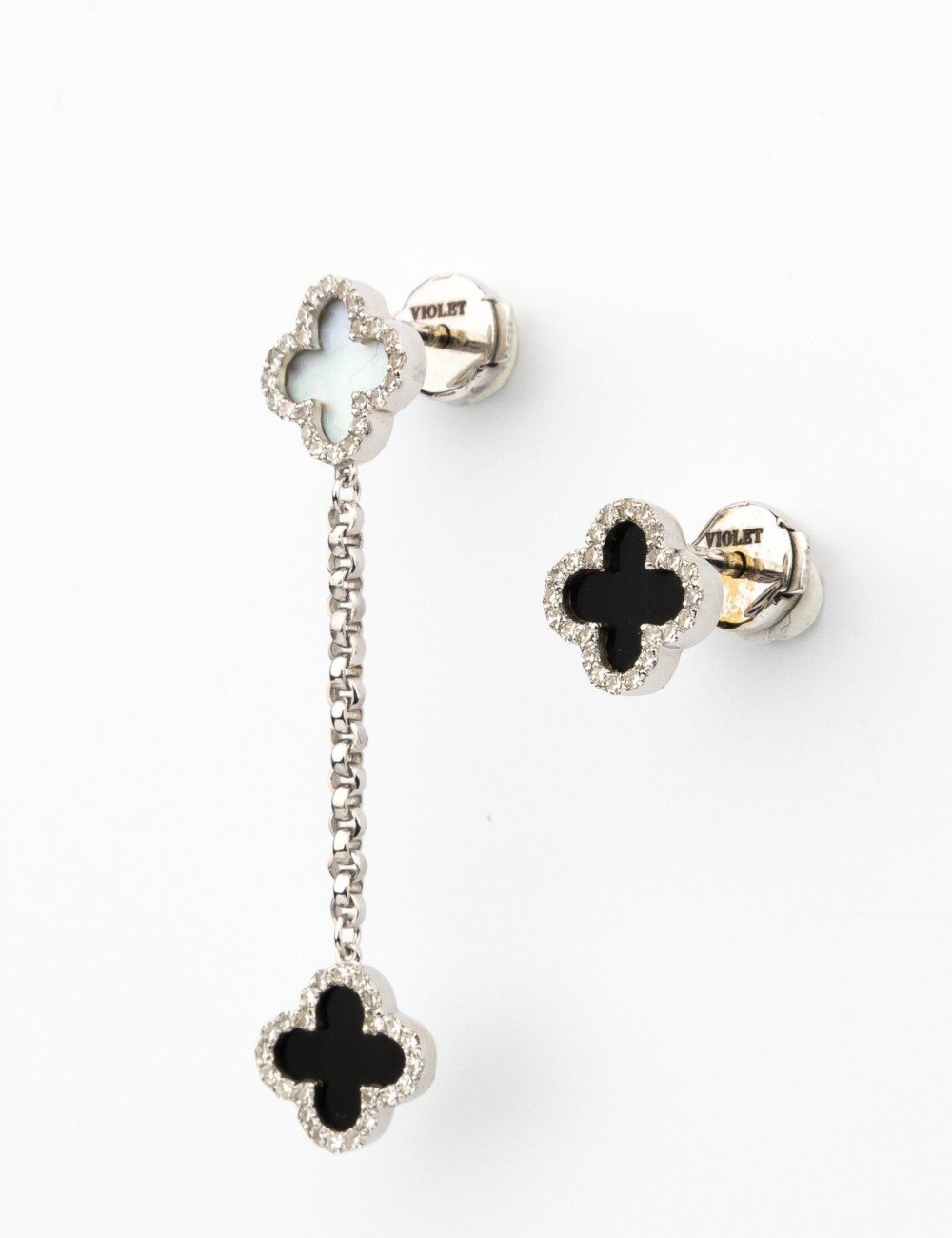 Серьги из белого золота c бриллиантами, ониксом и перламутром