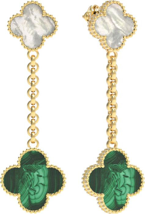 Серьги из лимонного золота 585 пробы c малахитом и перламутром