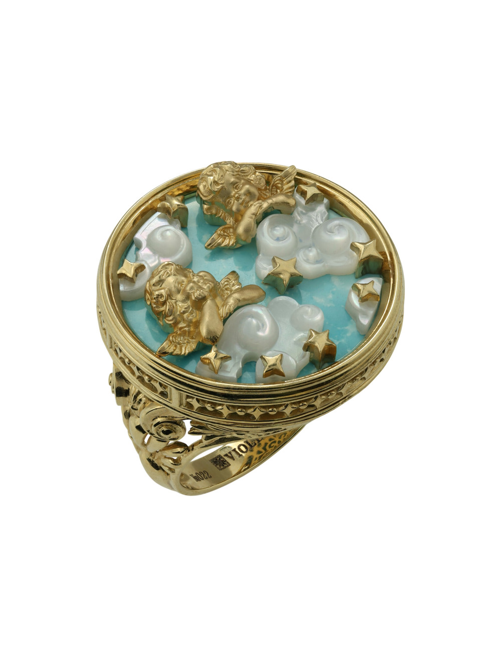 Кольцо из лимонного золота 585 пробы c бирюзой и перламутром