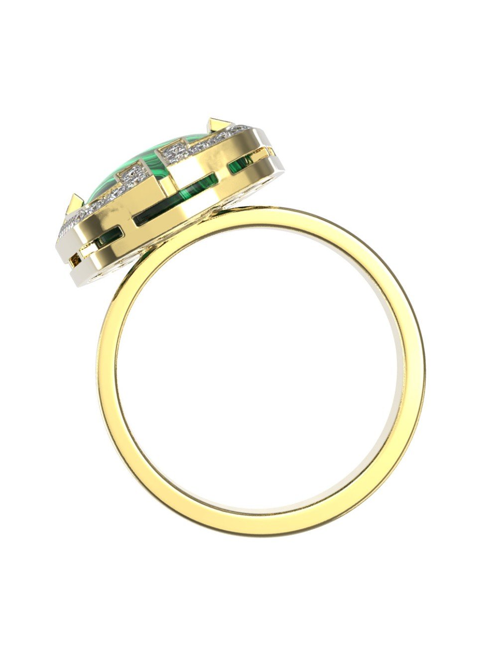 Кольцо из лимонного золота c бриллиантами, рубином и малахитом