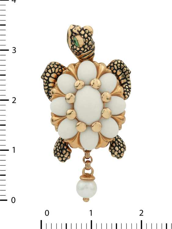 Подвеска из красного золота 585 пробы c эмалью, жемчугом и бивнем мамонта