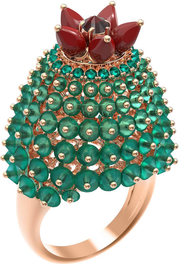 Кольцо из красного золота 585 пробы c гранатом, хризопразом, изумрудом и кораллом