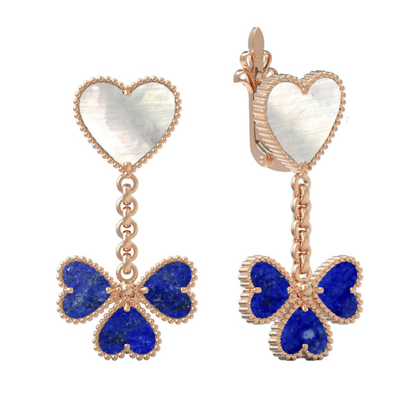 Серьги из красного золота 585 пробы c лазуритом и перламутром