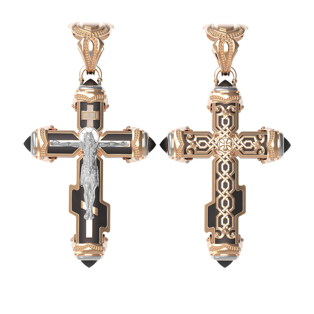 Крест из красного золота 585 пробы c ониксом и эбеновым деревом