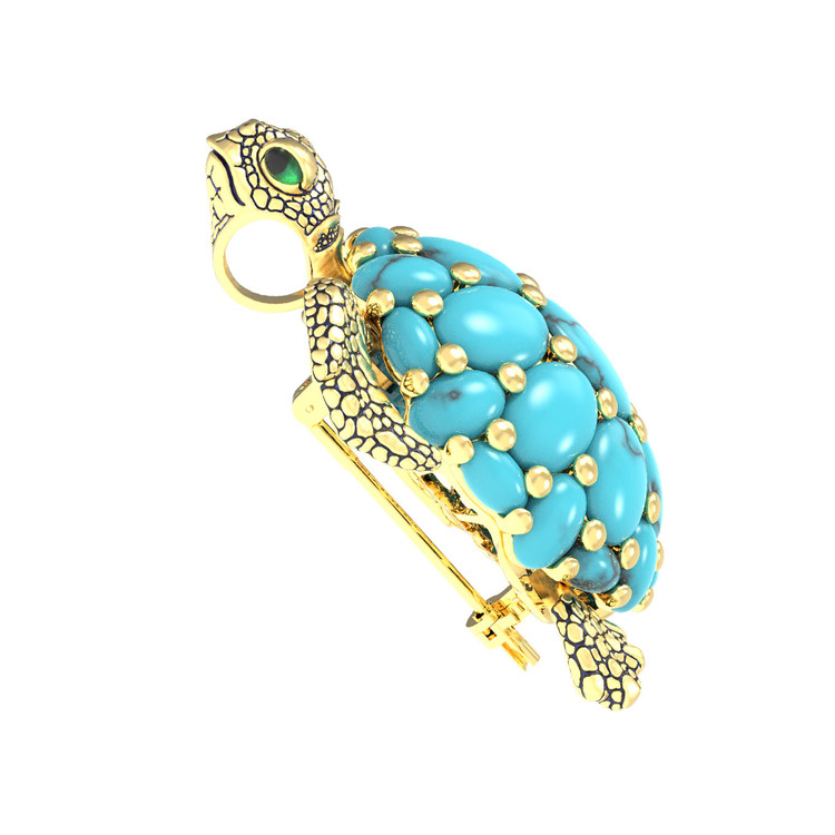 Брошь-подвеска из лимонного золота 585 пробы c эмалью и бирюзой