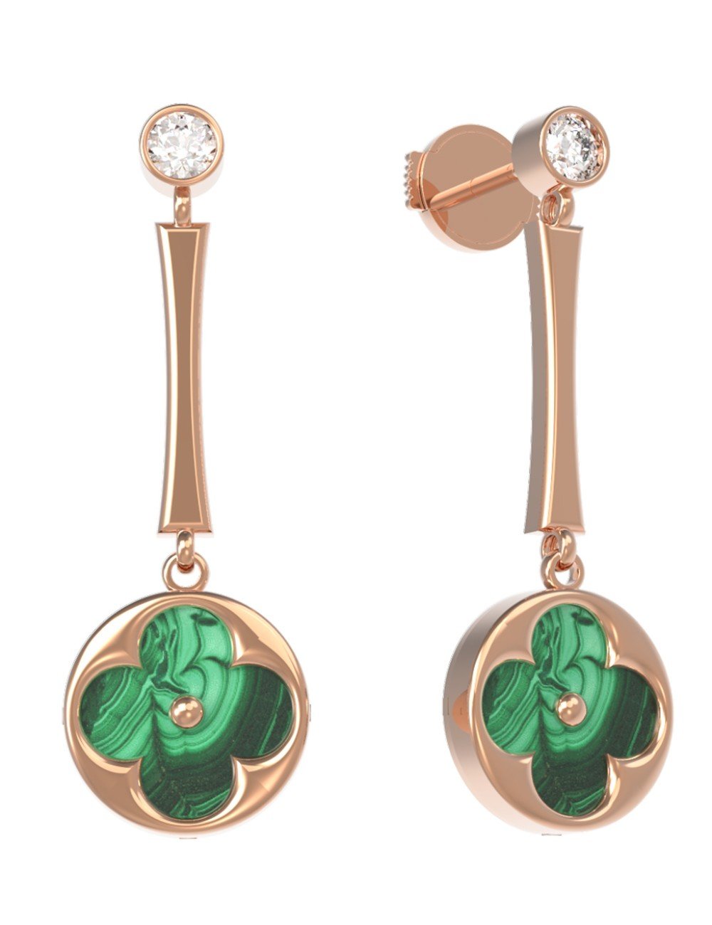 Серьги из золота c фианитом и малахитом