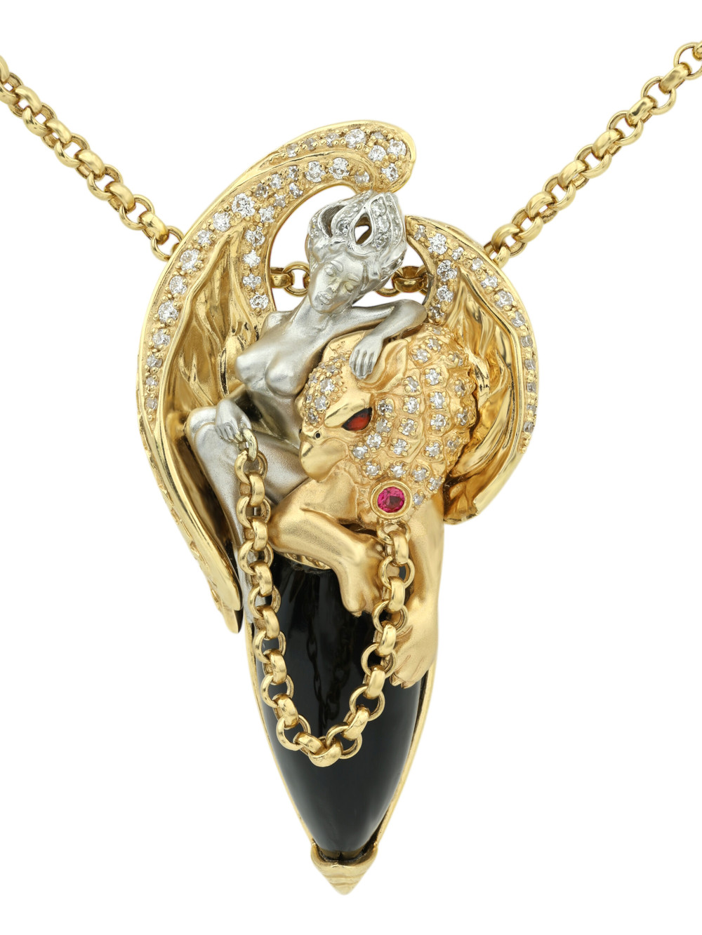 Колье из лимонного золота 585 пробы c эмалью, бриллиантами, рубином, ониксом и рубином