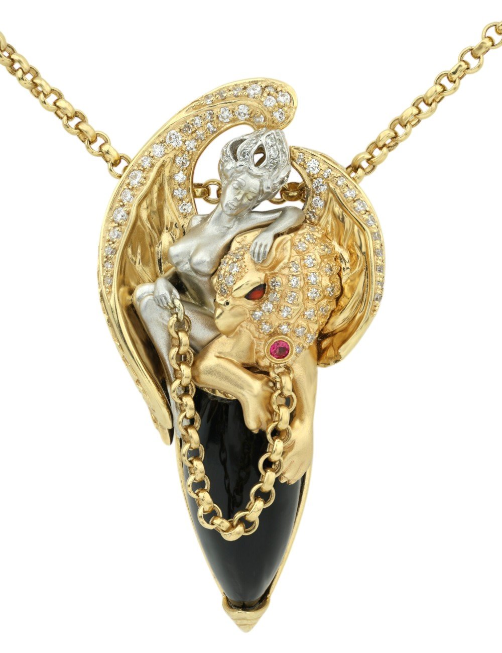 Колье из лимонного золота c эмалью, бриллиантами, рубином, ониксом и рубином