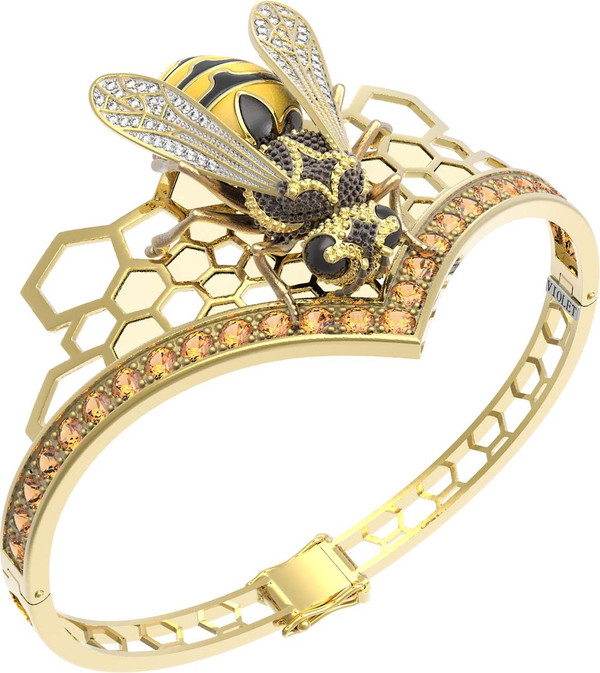 Браслет из лимонного золота 585 пробы c эмалью, фианитом, цитрином и эмалью