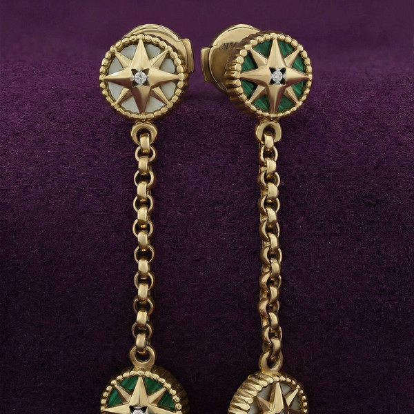 Серьги из лимонного золота 585 пробы c бриллиантами, малахитом и перламутром