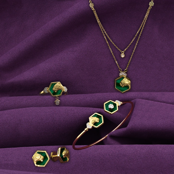 Кольцо из лимонного золота 585 пробы c бриллиантами и малахитом