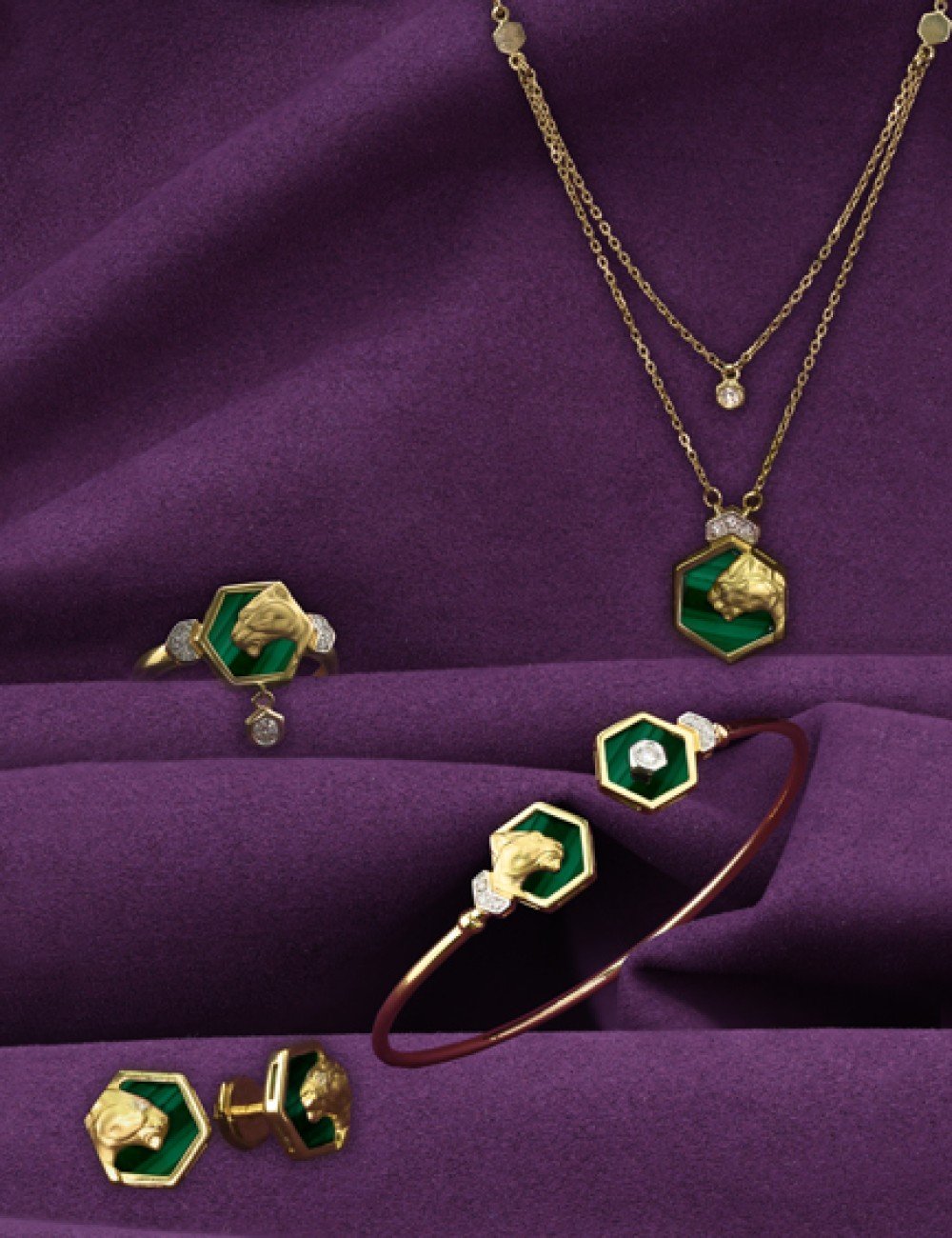 Кольцо из лимонного золота c бриллиантами и малахитом