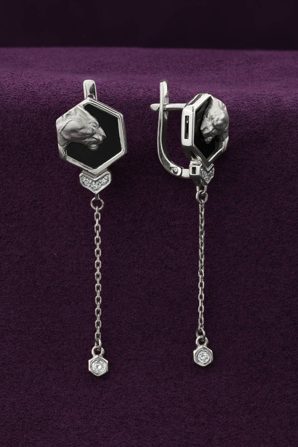 Серьги из белого золота 585 пробы c бриллиантами и ониксом